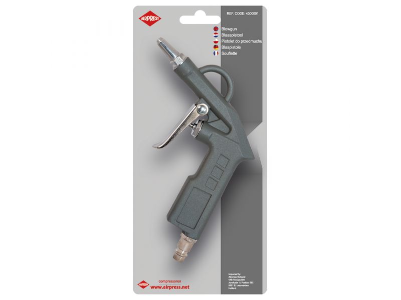 Blaaspistool aluminium met korte nozzle 20 mm en insteeknippels max 12 bar in blister